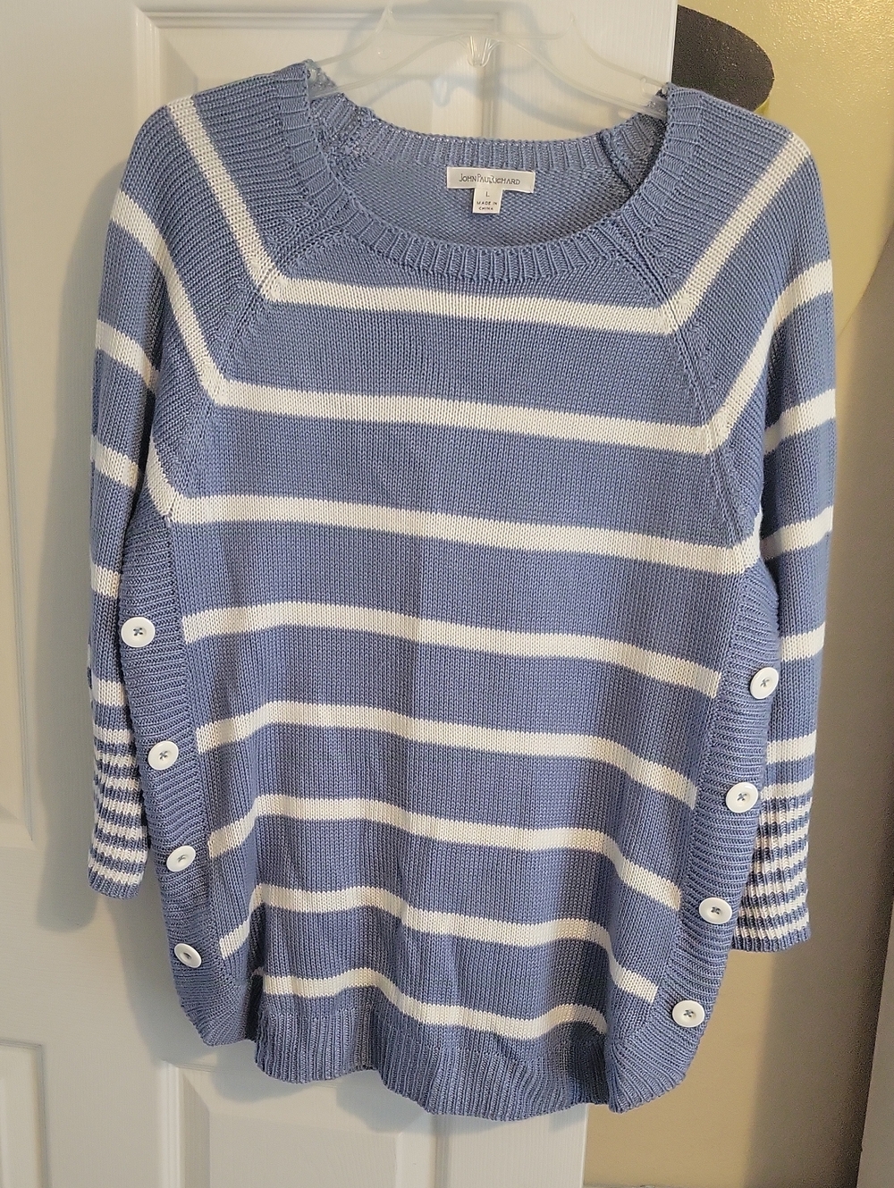 JohnPaulRichard SzLg Blue and White Striped Crew Sweater with Side Faux Buttons